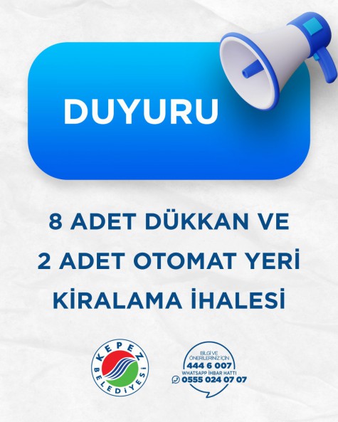 8 adet dükkan ve 2 adet otomat yeri kiralama ihalesi